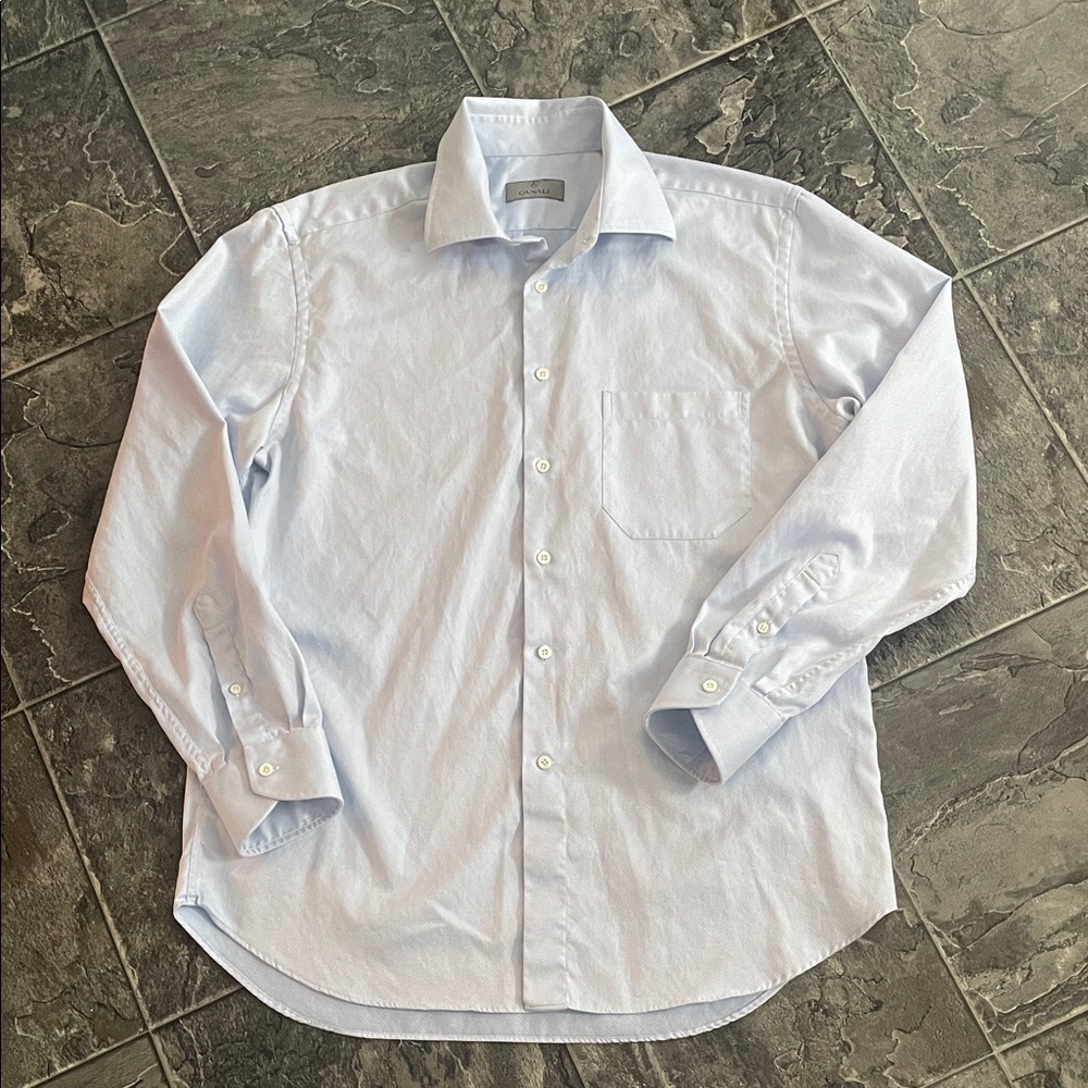 CANALI Blue & White Subtly Striped Luxury Designer Cotton Shirt 43/17 Italy